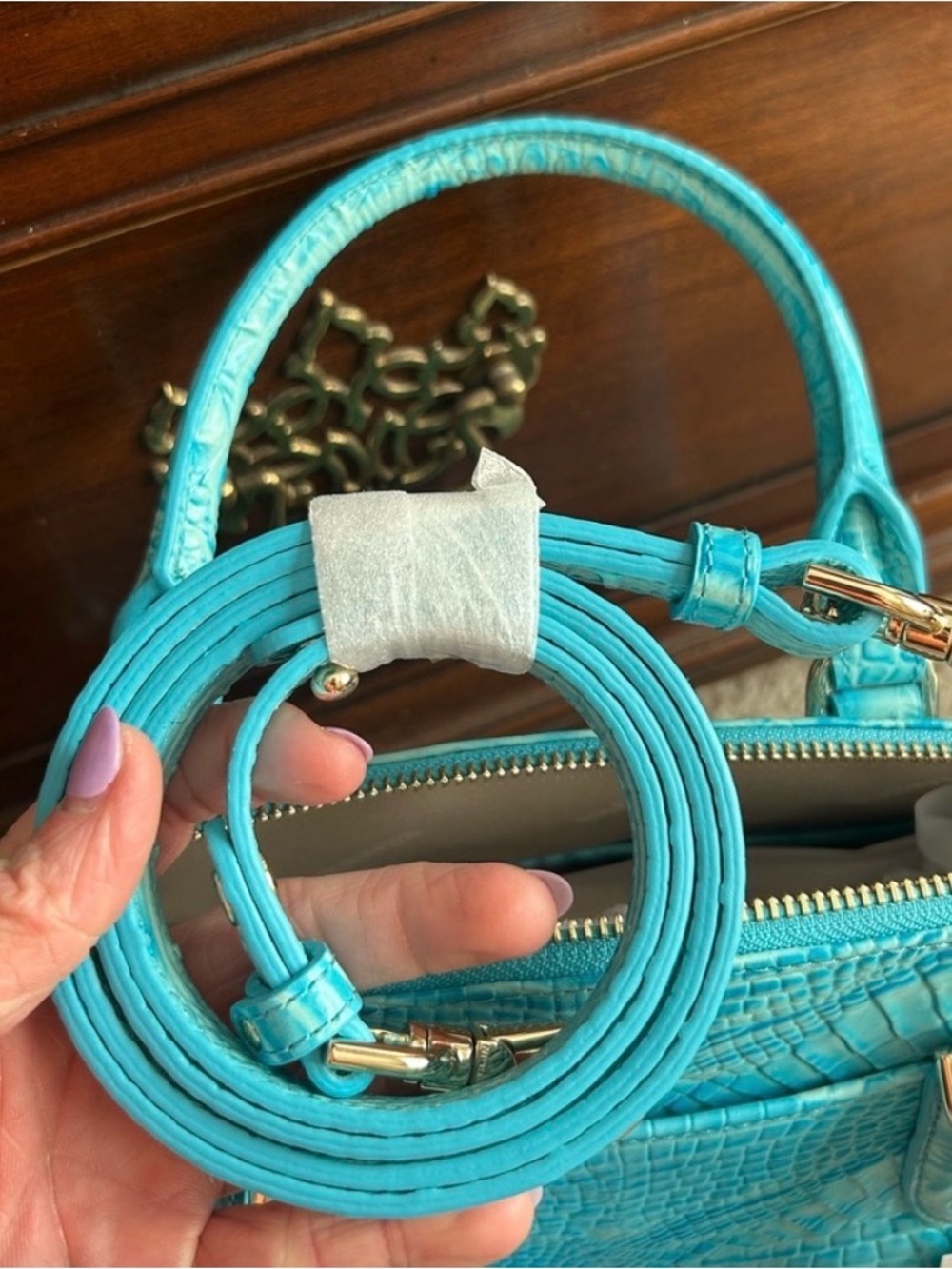 Brahmin Turquoise Croc-Embossed Satchel - Picture 3 of 4